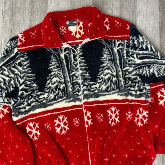 Vintage 90s Fleece Bomber Jacket Winter Landscape Tree Snowflake Red XL - Picture 2 of 8